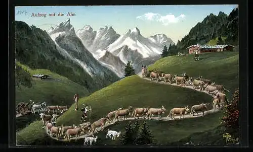 Künstler-AK Eugen Felle: Aufzug auf die Alm, Kuhherde