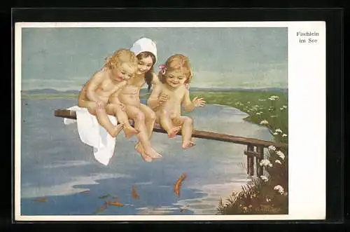Künstler-AK Marie Flatscher (M.FL.): Fischlein im See, Drei Mädchen auf einem Steg