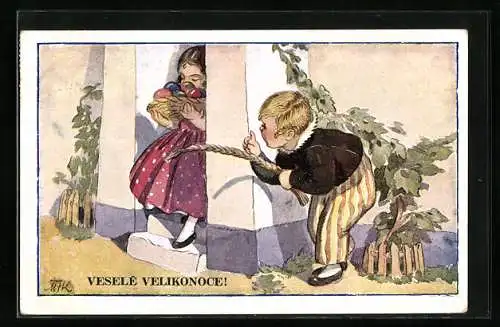 Künstler-AK M. Fischerova-Kvechova (MFK): Junge lauert Mädchen mit Osterkorb auf