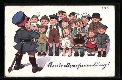 Künstler-AK P. O. Engelhard (P.O.E.): Kontrollversammlung, Kinder spielen Soldaten