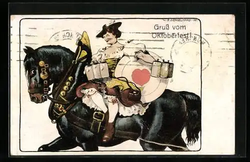 Künstler-AK P. O. Engelhard (P.O.E.): Frau reitet mit Bierkrügen in den Händen auf Pferd
