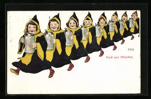 Künstler-AK P. O. Engelhard (P.O.E.): Münchner Kindl-Reihe mit Bierkrügen