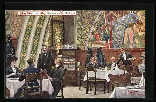 Künstler-AK F. Witt: Wien, Gäste mit Ober im Restaurant Rathaus-Keller
