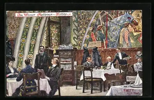 Künstler-AK F. Witt: Wien, Gasthaus Rathaus-Keller, Innenansicht