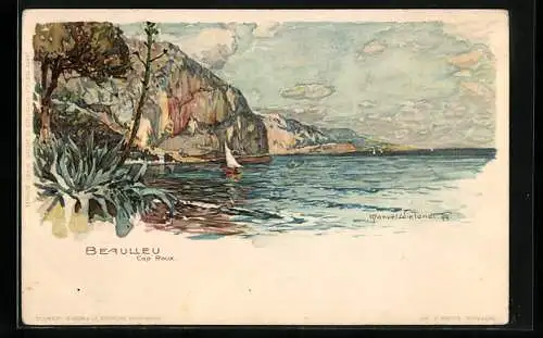 Künstler-Lithographie Manuel Wielandt: Beaulieu, Cap Roux, Segelboot