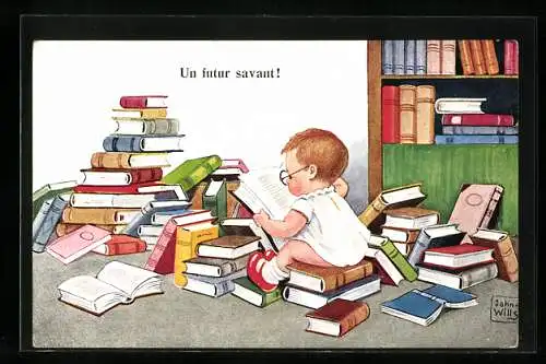 Künstler-AK John Wills: Kleines Kind ist ganz vertieft in die Bücher, Bücherwurm