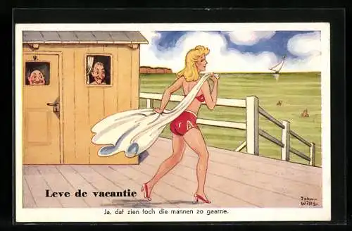 Künstler-AK John Wills: Frau wird am Meer von Männern beobachtet