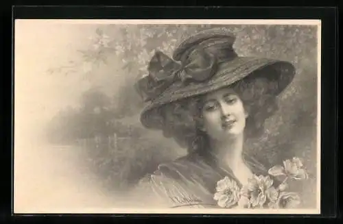 Künstler-AK Wichera: Dame mit grossem Strohhut