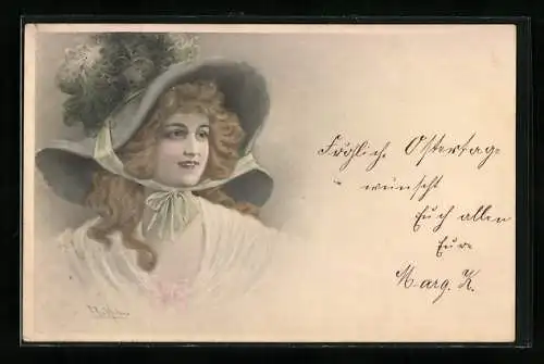 Künstler-AK Wichera, M. Munk Nr. 112: Dame mit grossem Federhut