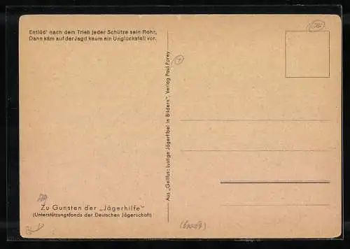 Künstler-AK Heinz Geilfus: Die Schützen dürfen nur während des Treibens..., Ziffer 2 der J. R., Jagdhumor