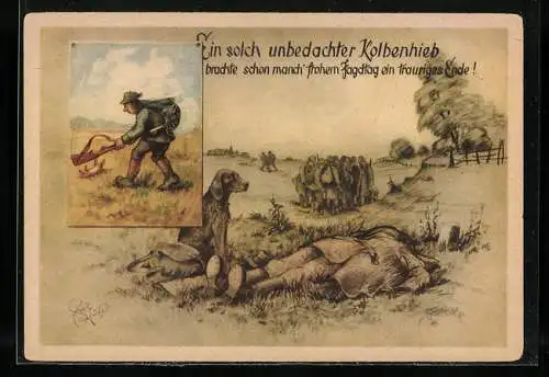 Künstler-AK Heinz Geilfus: Zu Gunsten der Jägerhilfe, ein solch unbedachter Kolbenhieb...Jäger erschiesst sich selbst