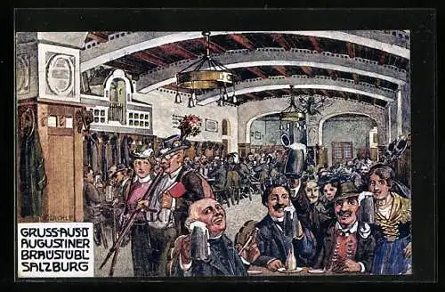 Künstler-AK Hubert von Zwickle: Salzburg, Gasthaus Augustiner Bräustübl