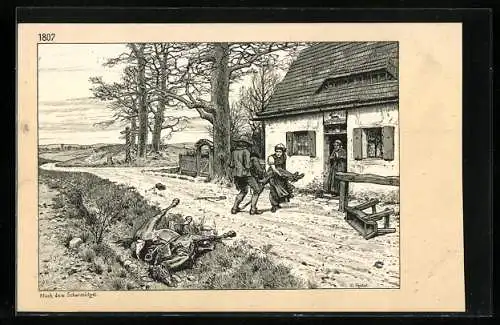 Künstler-AK Richard Knoetel: Die eiserne Zeit 1806-1813: Nach dem Scharmützel, Bauern tragen Verwundeten ins Haus
