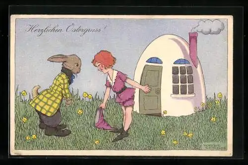 Künstler-AK Freddie Langeler: Ein Mädchen und ein Osterhase vor einem Eier-Haus