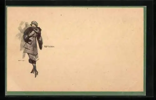 Künstler-AK sign. Lenhart: Frau im Mantel mit schwarzem Pelz