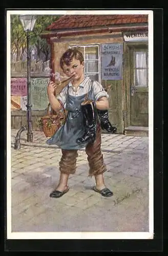 Künstler-AK Kränzle: Schusterjunge mit zwei Stiefeln