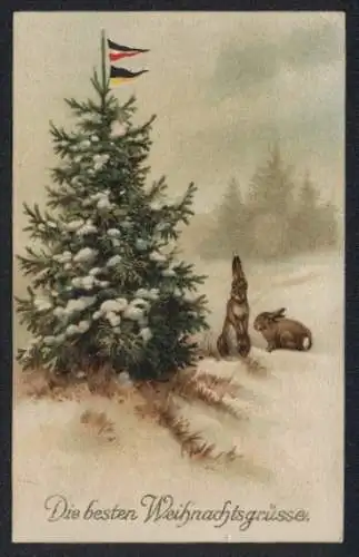 Künstler-AK Verschneiter Tannenbaum mit Fahnen vom Zweibund