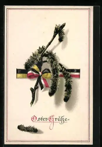 AK Weidenkätzchen mit einer Schleife in den Farben vom Zweibund
