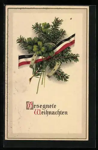 AK Kriegsweihnachten, Tannenzweige und Kleeblätter mit Hufeisen und Band in der Farbe vom Deutschen Reich