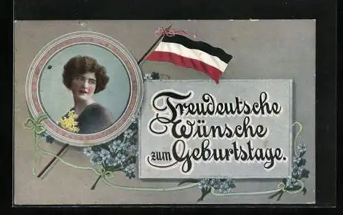 AK Treudeutsche Wünsche zum Geburtstag, junge Frau mit Reichsfahne und Vergissmeinnicht