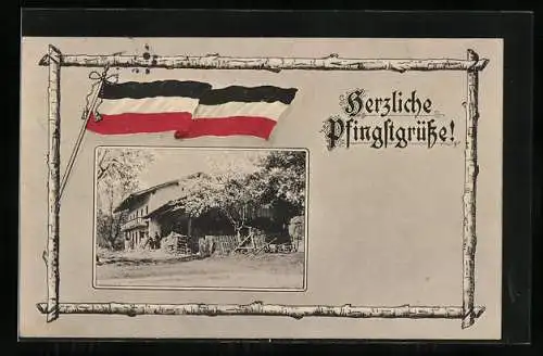 AK Kriegspfingsten, Reichsfahne über einer Hütte mit blühenden Bäumen