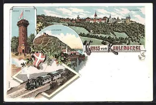 Lithographie Wien XIX, Kahlenberg Totalansicht, Stefanie-Warte und Leopoldsberg, Eisenbahn