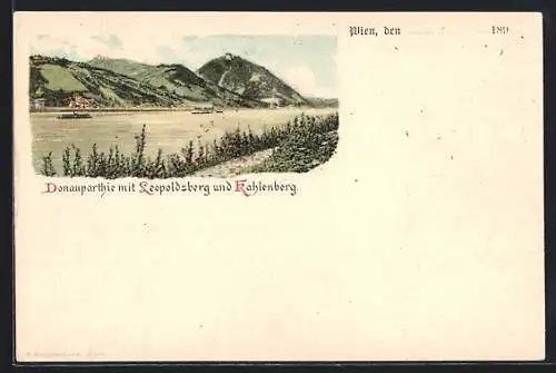Lithographie Wien, Donau mit Leopoldsberg und Kahlenberg