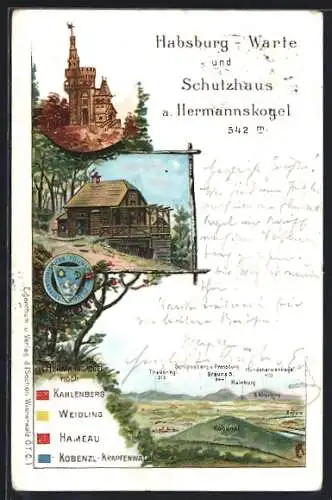 Lithographie Wien, Habsburg-Warte und Schutzhaus am Hermannskogel