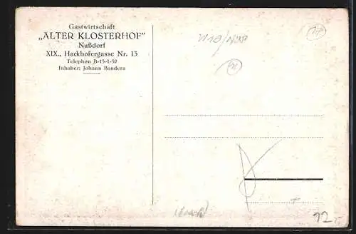 AK Wien, Nussdorf, Gasthaus Alter Klosterhof, Hackhofergasse Nr. 13