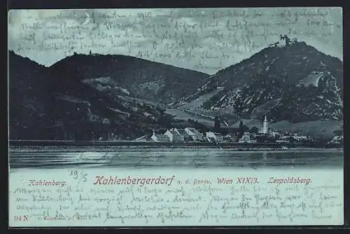 Mondschein-AK Wien, Kahlenbergerdorf a. d. Donau, Leopoldsberg und Kahlenberg