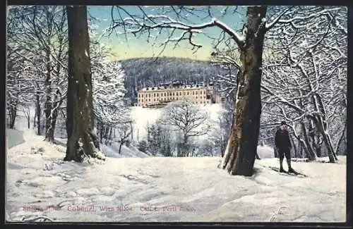 AK Wien, Schloss Hotel Cobenzl im Schnee, Mann mit Ski