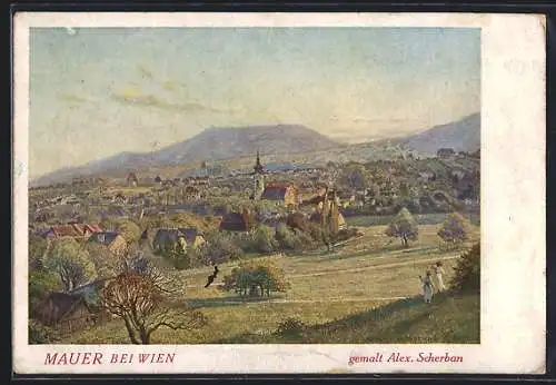 Künstler-AK Mauer, Panorama mit Kirche