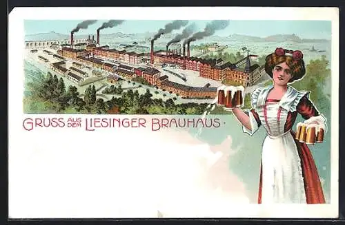 Lithographie Wien-Liesing, Liesinger Brauhaus, Kellnerin trägt Bierkrüge