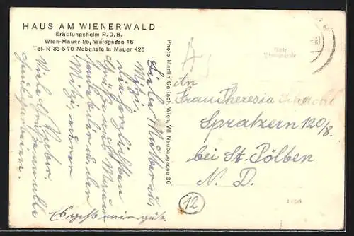 AK Wien, Mauer, Haus am Wienerwald, Erholungsheim R. D. B., Waldgasse 16