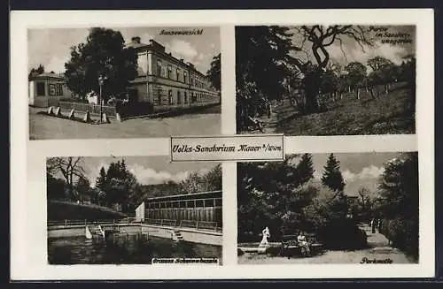 AK Wien, Volks-Sanatorium Mauer, Partie im Sanatoriumsgarten, Aussenansicht, Grosses Schwimmbassin, Parkmotiv