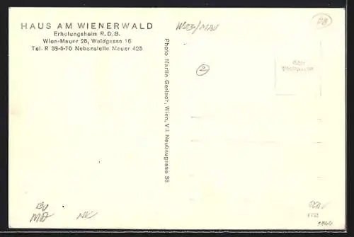 AK Wien, Mauer, Haus am Wienerwald, Erholungsheim R. D. B., Waldgasse 16