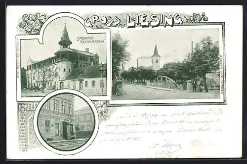 AK Wien, Liesing, Restaurant Brauhaus, Geschäft von Anton Konrad, Kirche und Brücke