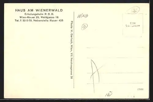 AK Wien-Mauer, Haus am Wienerwald, Erholungsheim R. D. B., Waldgasse 16