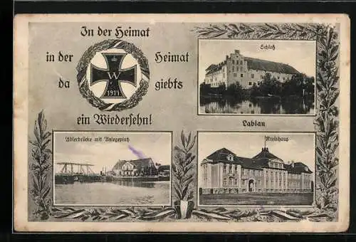 AK Labiau, Schloss, Kreishaus, Adlerbrücke mit Anlegeplatz