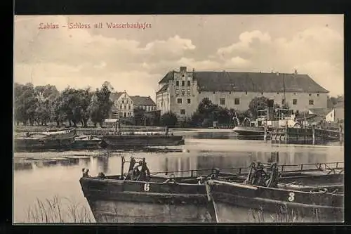 AK Labiau, Schloss mit Wasserbauhafen, Raddampfer, Schiffe