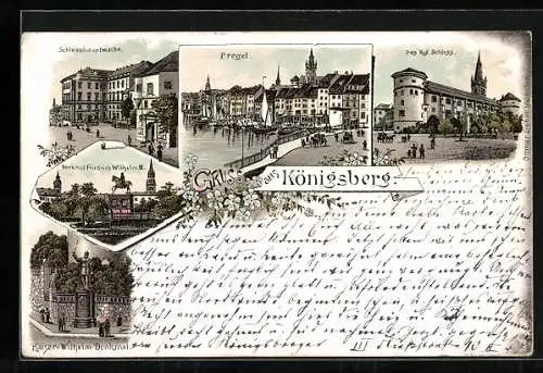Lithographie Königsberg, Schlosshauptwache, Kgl. Schloss, Pregel, Denkmal Kaiser Wilhelm III