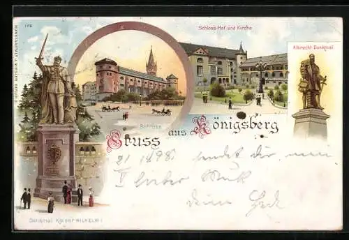 Lithographie Königsberg, Schloss, Kirche und Denkmal König Wilhelm I.