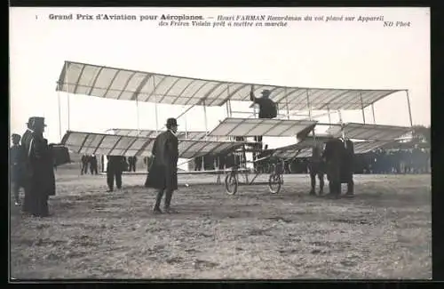 AK Grand Prix d`Aviation pour Aeroplanes, Henri Farman sur Appareil des Freres Voisin, Doppeldecker-Flugzeug