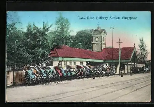 AK Singapore, Tank Road Railway Station, Bahnhof und Rickschas