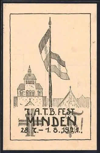 Künstler-AK Minden, 7. ATB Fest 28.7.-1.8.1921, Fahne vom Arbeiter-Turner-Bund