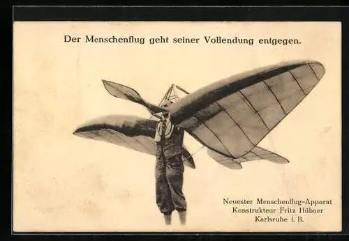AK Karlsruhe i. B., Neuester Menschenflug-Apparat, Konstrukteur Fritz Hübner