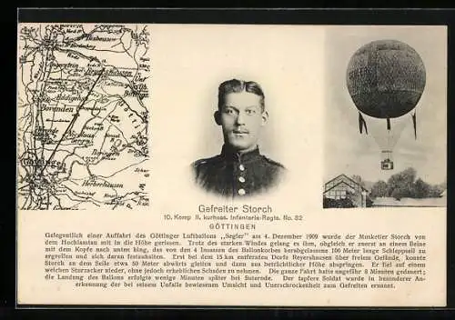 AK Göttingen, Gefreiter Storch, Unglücksfahrt mit Luftballon Segler 4. Dezember 1909