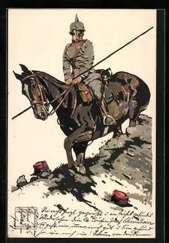 Künstler-AK Ludwig Hohlwein: Deutscher Kavalleriesoldat zu Pferd