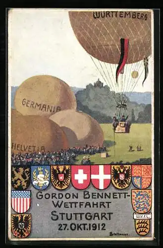 Künstler-AK Stuttgart, Gordon Bennet-Wettfahrt 1912, Beginn des Ballon-Rennens, Wappen
