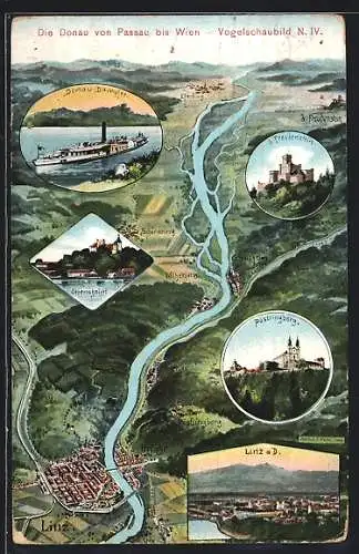Künstler-AK Eugen Felle: Linz, Landkarte der Donau von Linz bis Eferding, Dampfer, Freudenstein, Pöstlingberg